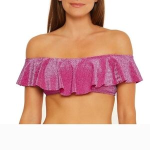 Trina Turk Glittering Pink Off-Shoulder Crop Swim Top Sz 10 Nwt